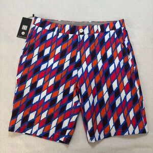 NWT Hreski Mens Golf Shorts 34 Diamond Graphic Print Blue Orange Preppy Stretch